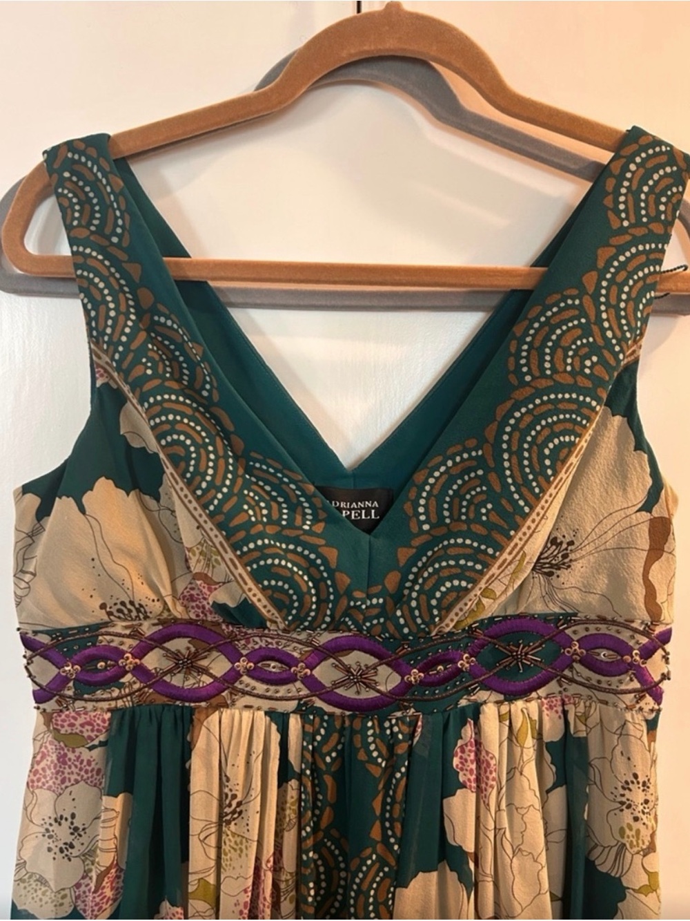 Adrianna Papell Teal Floral V-Neck Dress with Purple Embellished Waist - Picture 2 of 13